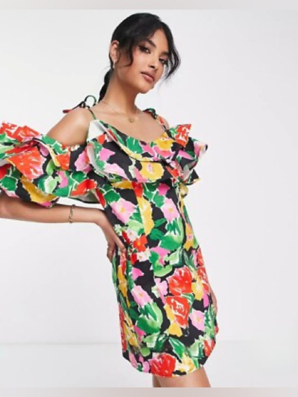 NWT Topshop Floral Mini Dress with Ruffles and Puff Sleeves